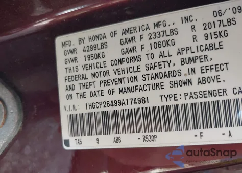 2009 Honda Accord 2.4 Lx-P из США, поврежденный, VIN 1HGCP26499A174981